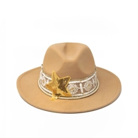 Ladies' Fedora Hat beige Designed with Gold and White Lace Details and a Sequin Star