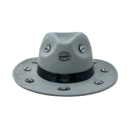 Women's gray fedora hat designed with a black satin ribbon and small eye patches