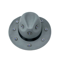 Women's gray fedora hat designed with a black satin ribbon and small eye patches