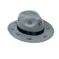 Women's gray fedora hat designed with a black satin ribbon and small eye patches