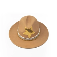 Women's fedora hat beige decorated with white pearl and a sequin star