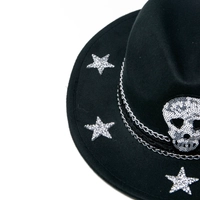 Skull black fedora hat designed with silver chain and stars 