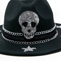 Skull black fedora hat designed with silver chain and stars 