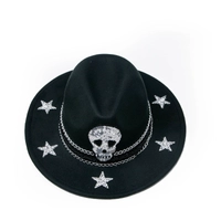 Skull black fedora hat designed with silver chain and stars 