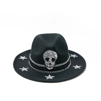 Skull black fedora hat designed with silver chain and stars 