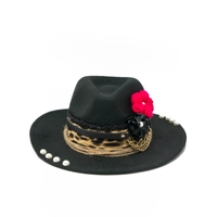 Women's fedora hat black designed with a handmade wool and satin flower 