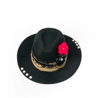 Women's fedora hat black designed with a handmade wool and satin flower 