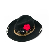 Women's fedora hat black designed with a handmade wool and satin flower 