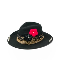 Women's fedora hat black designed with a handmade wool and satin flower 