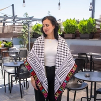 Embroidered Palestinian Kufiya with the names of Palestinian cities