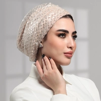 Women's Turban Knitted With Sequin Beads - Sequin turban beige