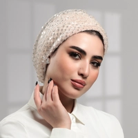 Women's Turban Knitted With Sequin Beads - Sequin turban beige