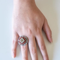 Embroidered Ring: Tan and Red