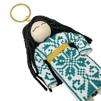 Personalized Keychain with Girl Design In Green and Beige Embroidered Dress