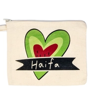 Hand-painted makeup bag featuring the word Haifa, celebrating the beauty and heritage of Palestine.