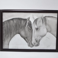 Hand-Drawn Pencil Artwork, Two Horses Design with Elegant Wooden Frame