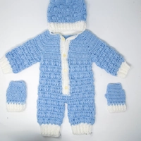 Handmade Crochet Baby Outfit - Blue & White Winter Romper Set