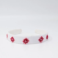White Hand-Embroidered Headband with Traditional Embroidery in Red Shades