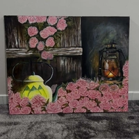 Hand-Painted Roses & Teapot Canvas Art - أخضر - XL - مستطيل