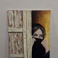 Mesmerizing Gaze: Hand-painted Woman Behind Rustic Door Art - أسود - XL - مستطيل