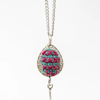  Embroidered Teardrop Necklace: Red and Teal
