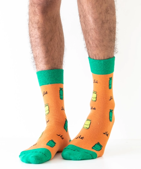 Green and Orange Cotton Socks with Embroidered Gaz Patterns