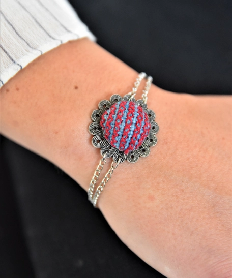 Embroidered Floral Bracelet - Blue and Red