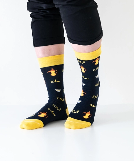 Navy Blue Cotton Socks with Arabic Coffee Patterns