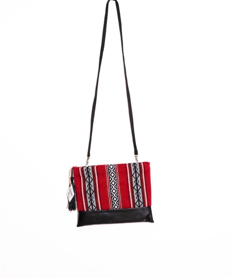 Embroidered Sadu Clutch Bag with Black Leather - Multi Colors - Red
