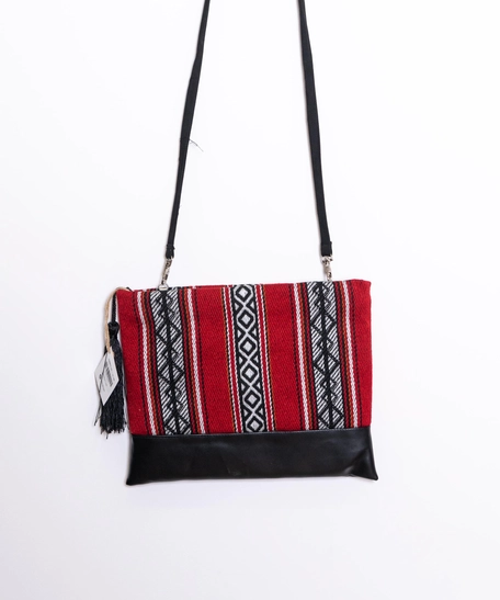 Embroidered Sadu Clutch Bag with Black Leather - Multi Colors - Red