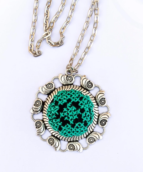 Round Embroidered Mint Green Necklace