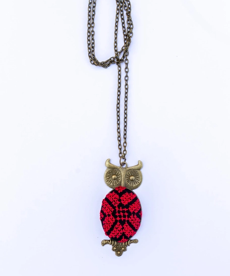 Brown Gold Owl Embroidered Necklace