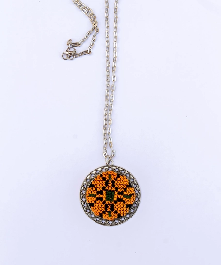 Round Embroidered Orange Necklace