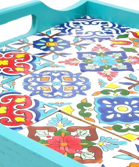 Large Tray with Handpainted Ceramics (Light Blue with assorted designs)