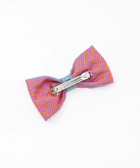 Embroidered Bow Hair Clip (Pink & Orange)