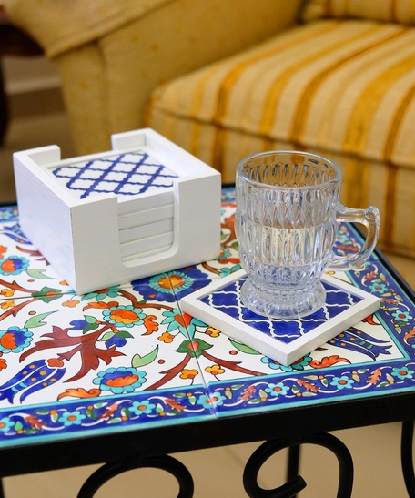 Handpainted Ceramic Coasters, set of 6 with holder (White with white and blue designs)