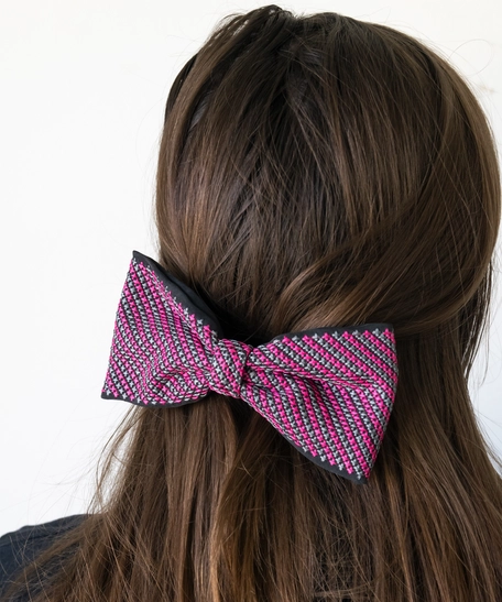 Embroidered Bow Hair Clip (Pink & Gray)