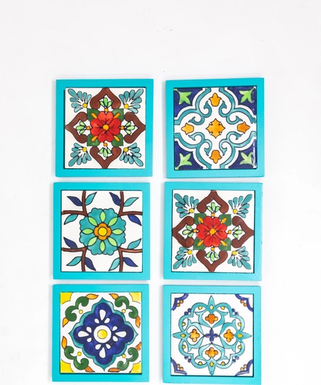 Handpainted Ceramic Coasters, set of 6 with holder (Light blue with assorted designs)