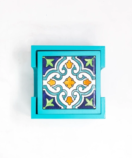 Handpainted Ceramic Coasters, set of 6 with holder (Light blue with assorted designs)