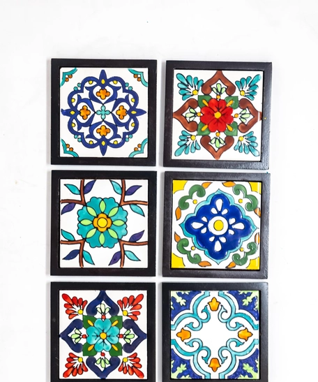 Handpainted Ceramic Coasters, set of 6 with holder (Dark wood with assorted designs)