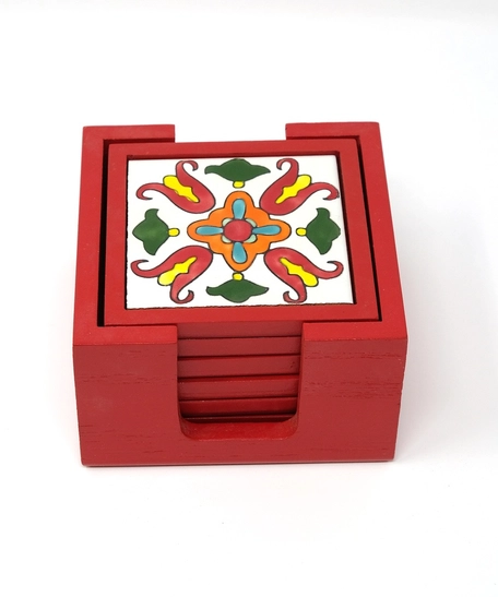 Handpainted Ceramic Coasters, set of 6 with holder (Red with assorted designs)