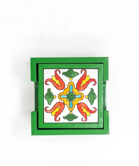 Handpainted Ceramic Coasters, set of 6 with holder (Green with assorted designs)