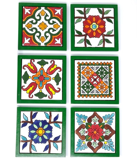 Handpainted Ceramic Coasters, set of 6 with holder (Green with assorted designs)