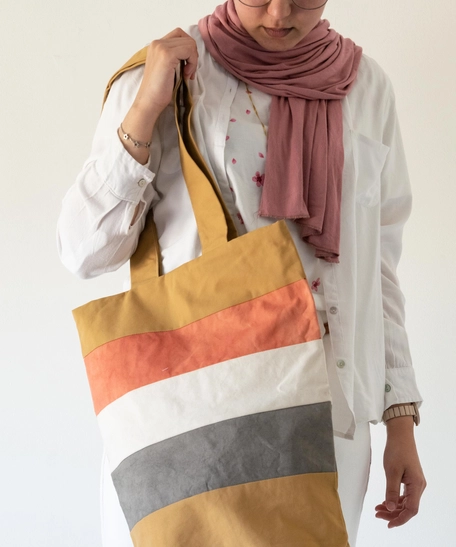 Striped Cloth Bag: Brown, Grey and Pink