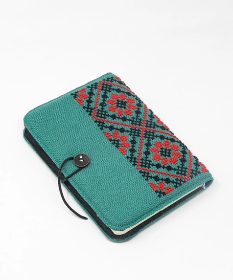 Turquoise Embroidered Notebook in Red and Black Stitches - Medium