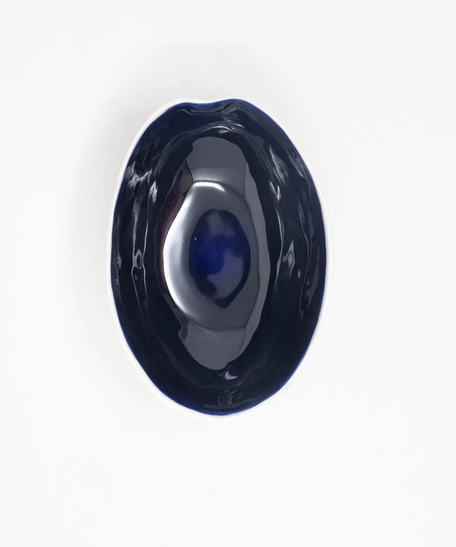 Small Ceramic Melon Shaped Bowl - Navy Blue and White