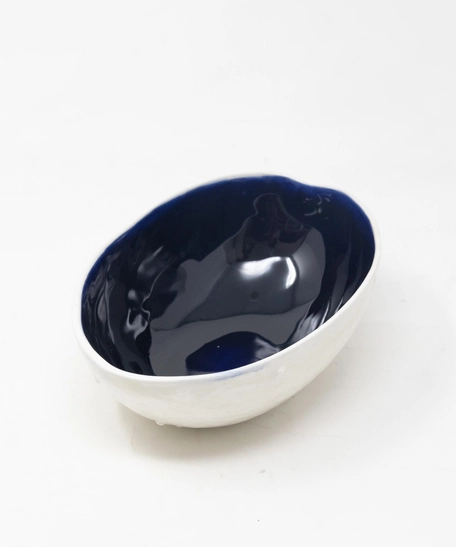 Small Ceramic Melon Shaped Bowl - Navy Blue and White