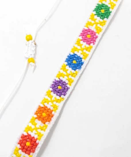 White Multicolored Floral Embroidery Bracelet  