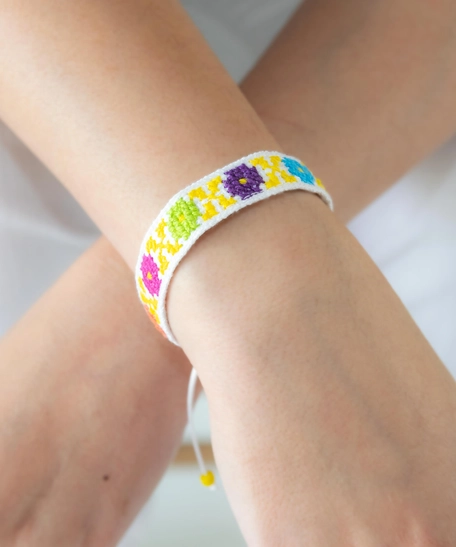 White Multicolored Floral Embroidery Bracelet  