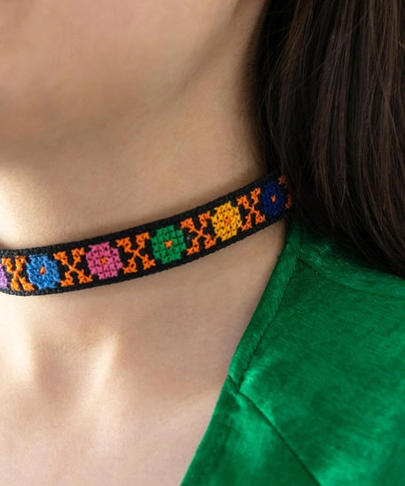 Floral Embroidery Necklace - Orange Crossed Lines